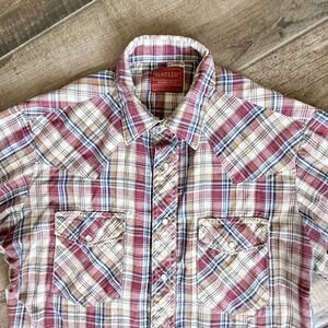 Rustler Wrangler VTG Western Plaid Single Stitch Long Tail Snap Shirt, Red, M